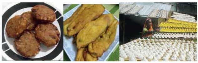 মাষকলাই ও খেসারি ডালের বেসন থেকে বড়া, বেগুনি, চালকুমড়ার বড়ি, কচুরি ও আমৃতি তৈরি